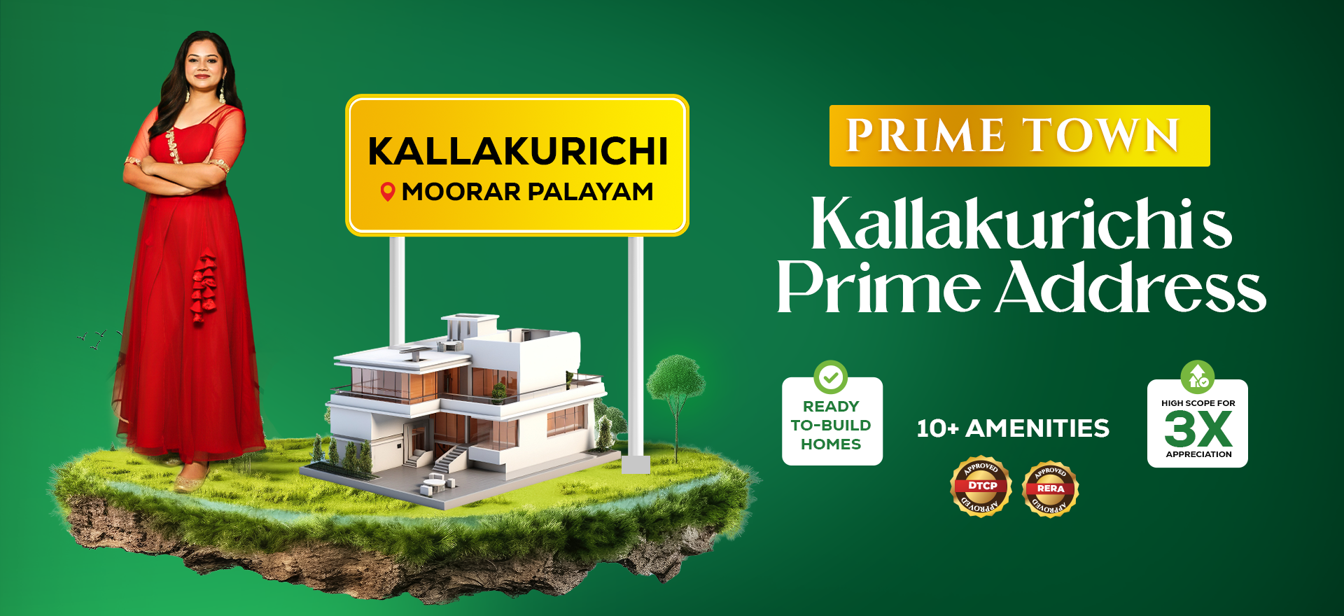 Large promotional banner showcasing DTCP approved plots for sale and villa plots in Kallakurichi
